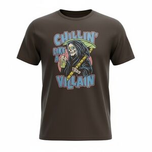 ODM Graphic Tee Black T-Shirt Grim Reaper Chillin' Like a Villain, Size M